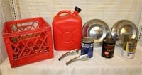 2 Ford Hubcaps, 2.5gal Gas Can, Oil Cans