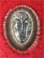 Soapstone mask by Michael Scott with fur trim 7" l