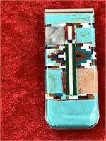 Money clip with Zuni inspired turquoise and semi-p