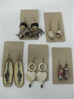 5 Pair - Bone, Wood & Trade Bead Earrings