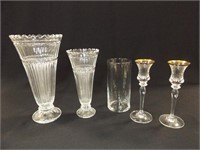 Glass Vases (3), Candleholders (2)