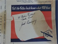 JACK DEMPSEY SIGNED MENU FROM HIS RESTAURANT