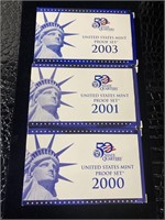 United States Mint 2000, 2001, and 2003 Proof Sets