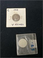 1897 U.S. V 5¢ Coin & 1903 v nickel