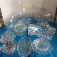Big lot of glassware- hurricane lamp, brandy