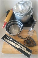 Lot of kitchen goodies- mixing bowls, rolling