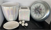 Soap Dish, Tissue Holder, Clock, Waste Basket