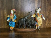 2 Porcelain Dolls with Wooden Elephant Figurine