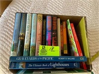 box of novels and coffee table books