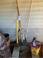 yard tools, 2 rakes, spade, bow saw, scraper