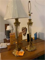 pair of brass and crystal lamps 26"t
