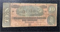 1864 Confederate States $10 Large Currency Note