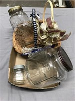 Coffee jar, wicker basket, canning jars