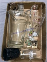 Glass pitcher, shot glasses, beer glasses