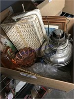 Frames, sewing basket, kerosene lamp, glassware