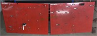 Two red  metal workshop wall panels, for hanging
