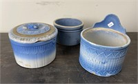 3 Pieces of Blue Salt Glazed Kitchen Pottery