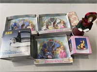 Box lot containing doll and accessories, kettle