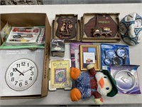 Box lot containing clock, photo frames, toys and