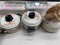 Box lot containing casserole pots and dolls