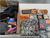Box lot containing money bags, wallets, purses,