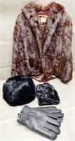 Real Fur Coat, Mittens, Hat  & Leather Gloves