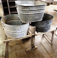 Wooden Wash Tub Stand, (3) Wash Tubs, & Pail