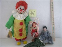 2 Vintage Dolls & 1 Clown Doll on stand