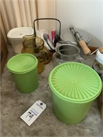 Tupperware Green Canisters, Glass Pitchers,