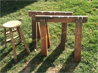 Wooden saw horses and stool
