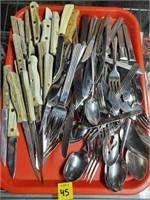 Tray Lot of Assorted Flateware & Kitchen Knives