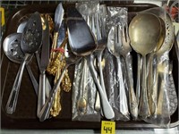 Tray Lot of Gold Plated Flateware & Cakeware