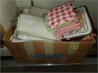 Box of Assorted New & Old Tableclothes, Hot Pads,