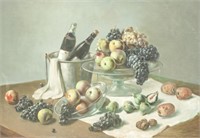 Still-Life Oil on Board Wine and Fruit