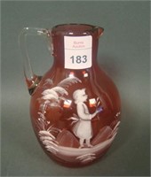 Victorian Cranberry Enamled Mary Gregory Pitcher