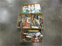 Gardening Tools, light bulbs, hand tools, 4 boxes