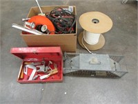 Large box of Extension cords, Havahart Trap,