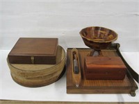 Wooden boxes, fruit bowl, paper cutter, misc