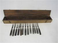 3 prong forks & wooden box
