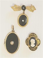 Vintage Onyx Style Broochs and Pendant (3 pcs)