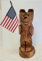 Solid Wood Carved Bear Holding US Flag 19.5"H