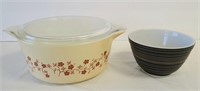 Pyrex Casserole Dish with Lid & Black Striped Bowl