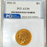 1911-D $5 Gold Half Eagle PCI - AU58