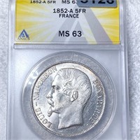 1852-A France Silver 5 Francs ANACS - MS63