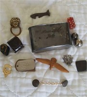 Group of Vintage- Military Pins, Flask Cover,