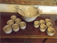 Signed Pottery -  Punch Bowl & 12 Pottery Mugs