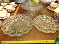 Glass Compote Cake Stand & (2) Egg Platters