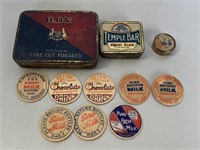 Group lot inc 2 tobacco tins and milk bottle wad