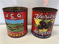 Pair tins, inc 7lb Verity Prunes & 3.175kg J.C.G