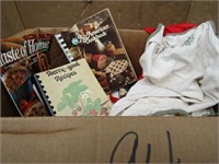 BOX OF COOK BOOKS & APRONS